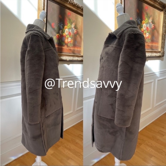 ANTHROPOLOGIE Maeve Kerry Reversible Faux Fur Shearling Long Coat Dark Grey NWT - Picture 9 of 14